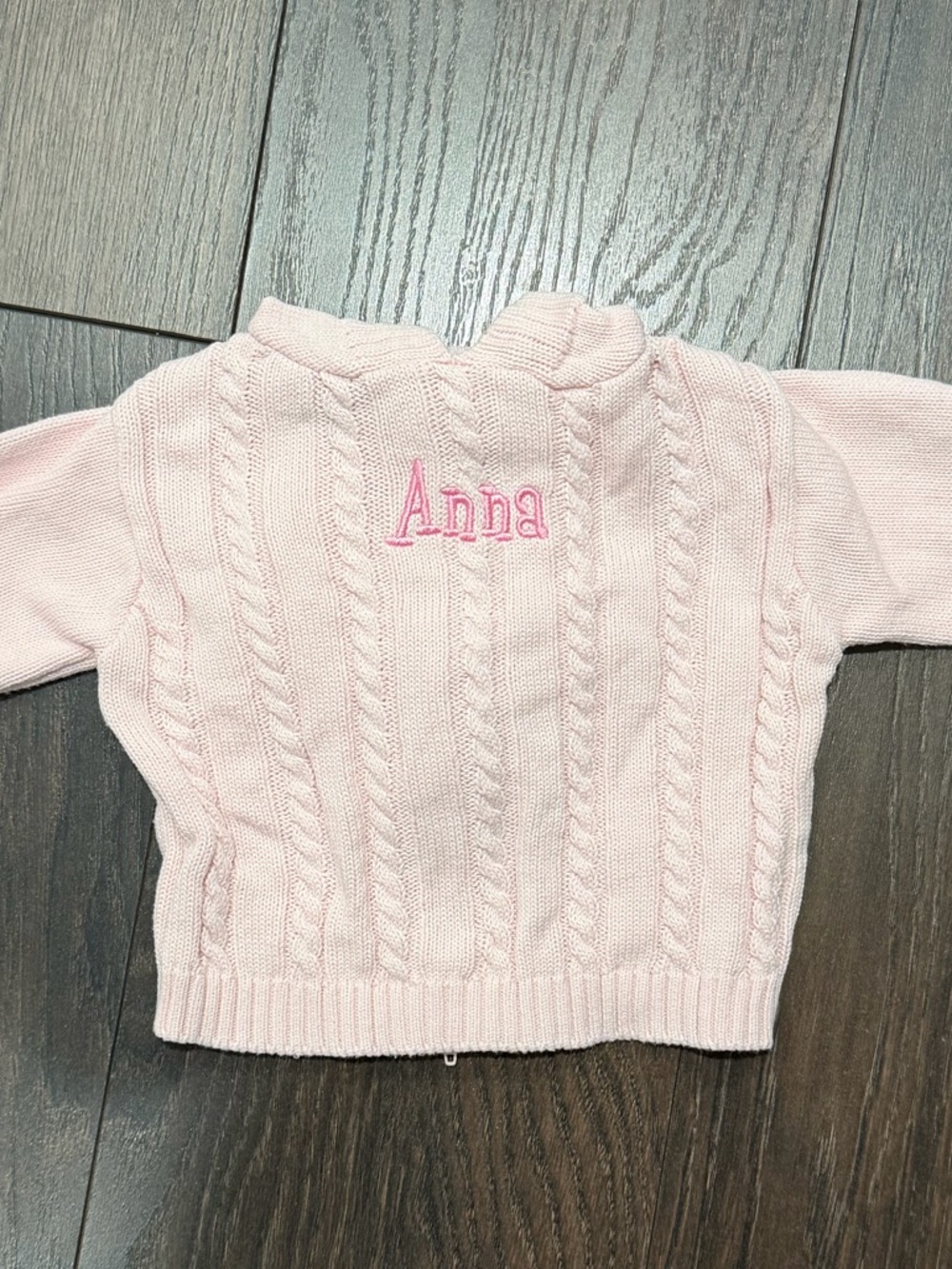 Light Pink Cable Knit Baby Sweater with Pink “Anna” Embroidery